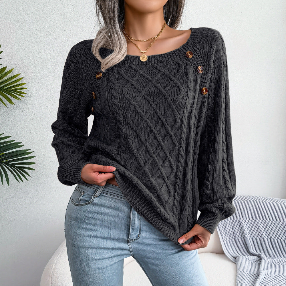 Square Neck Knitted Sweater With Button Design Winter Warm Long Sleeve Tops Women's Clothing