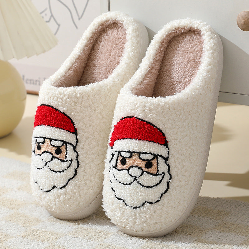 Christmas Home Slippers Cute Cartoon Santa Claus Cotton Slippers For Women And Men Couples Winter Warm Furry Shoes