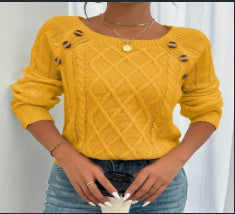 Square Neck Knitted Sweater With Button Design Winter Warm Long Sleeve Tops Women's Clothing